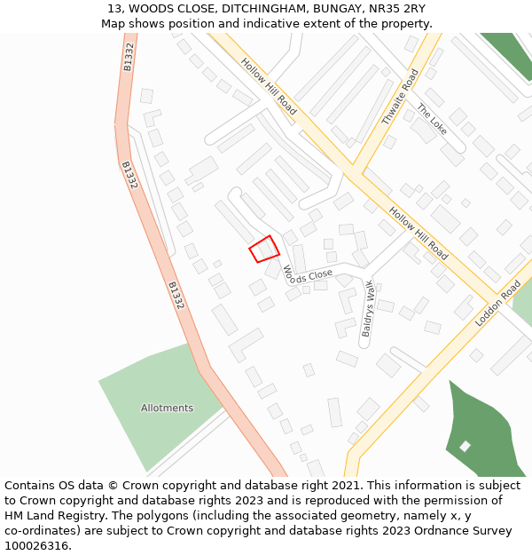 13, WOODS CLOSE, DITCHINGHAM, BUNGAY, NR35 2RY: Location map and indicative extent of plot