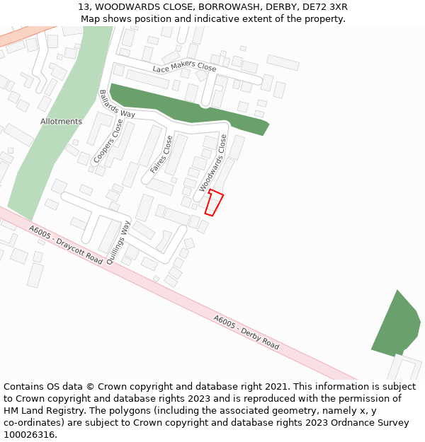 13, WOODWARDS CLOSE, BORROWASH, DERBY, DE72 3XR: Location map and indicative extent of plot