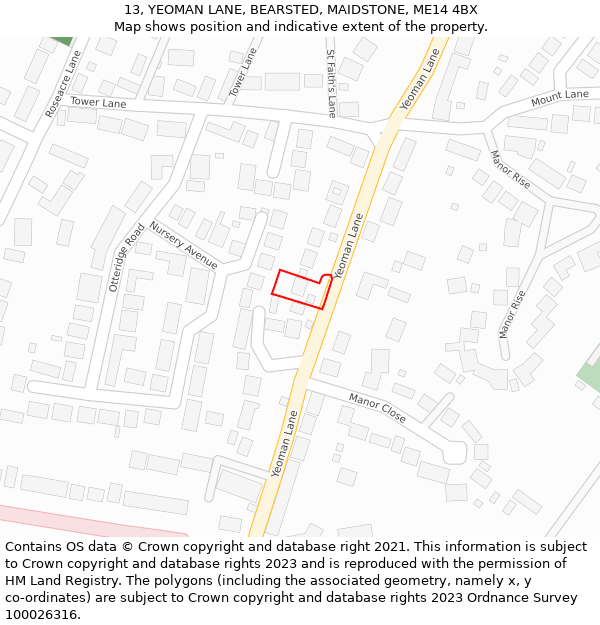 13, YEOMAN LANE, BEARSTED, MAIDSTONE, ME14 4BX: Location map and indicative extent of plot