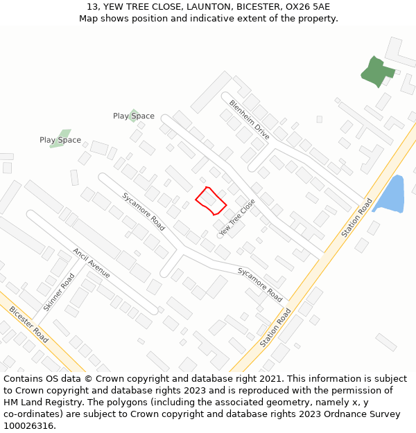 13, YEW TREE CLOSE, LAUNTON, BICESTER, OX26 5AE: Location map and indicative extent of plot