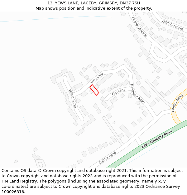 13, YEWS LANE, LACEBY, GRIMSBY, DN37 7SU: Location map and indicative extent of plot