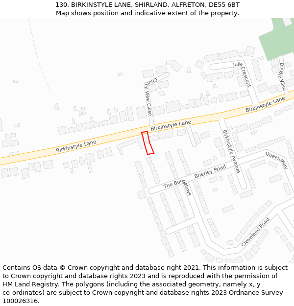 130, BIRKINSTYLE LANE, SHIRLAND, ALFRETON, DE55 6BT: Location map and indicative extent of plot