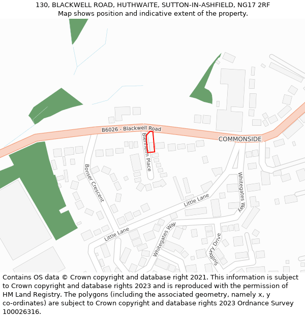 130, BLACKWELL ROAD, HUTHWAITE, SUTTON-IN-ASHFIELD, NG17 2RF: Location map and indicative extent of plot