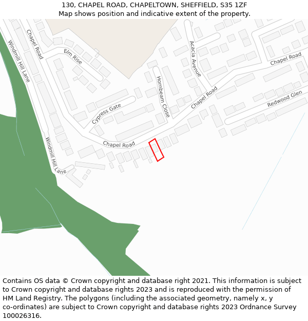 130, CHAPEL ROAD, CHAPELTOWN, SHEFFIELD, S35 1ZF: Location map and indicative extent of plot