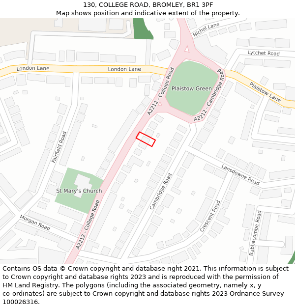 130, COLLEGE ROAD, BROMLEY, BR1 3PF: Location map and indicative extent of plot
