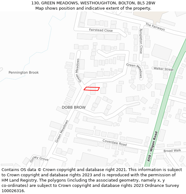 130, GREEN MEADOWS, WESTHOUGHTON, BOLTON, BL5 2BW: Location map and indicative extent of plot