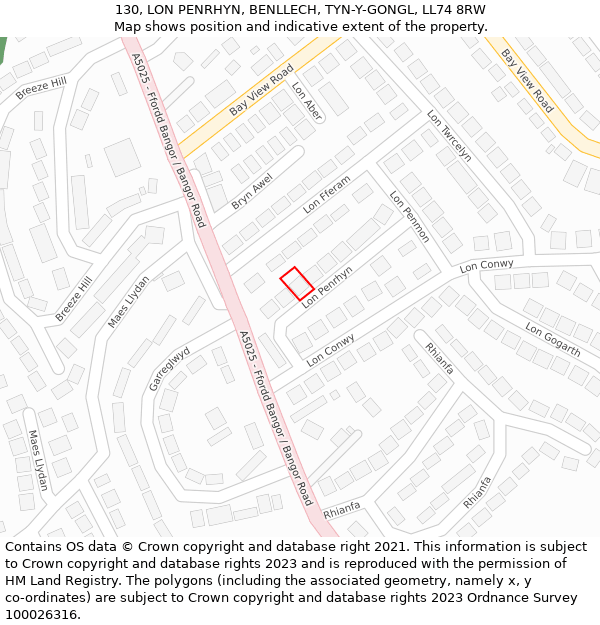 130, LON PENRHYN, BENLLECH, TYN-Y-GONGL, LL74 8RW: Location map and indicative extent of plot