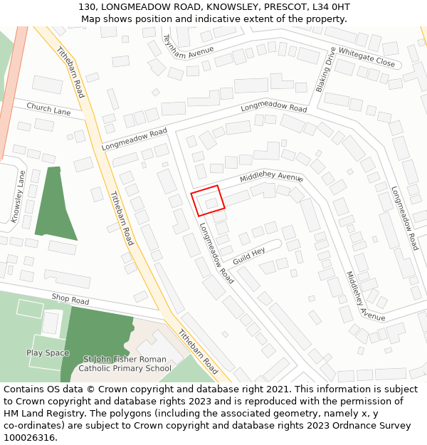 130, LONGMEADOW ROAD, KNOWSLEY, PRESCOT, L34 0HT: Location map and indicative extent of plot