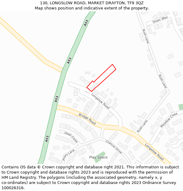 130, LONGSLOW ROAD, MARKET DRAYTON, TF9 3QZ: Location map and indicative extent of plot