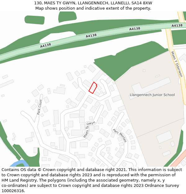 130, MAES TY GWYN, LLANGENNECH, LLANELLI, SA14 8XW: Location map and indicative extent of plot