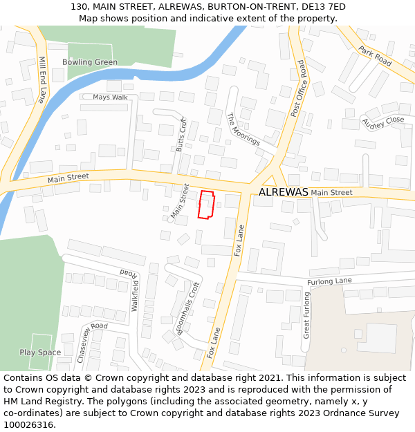 130, MAIN STREET, ALREWAS, BURTON-ON-TRENT, DE13 7ED: Location map and indicative extent of plot