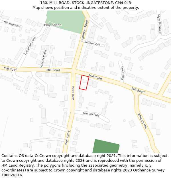 130, MILL ROAD, STOCK, INGATESTONE, CM4 9LR: Location map and indicative extent of plot