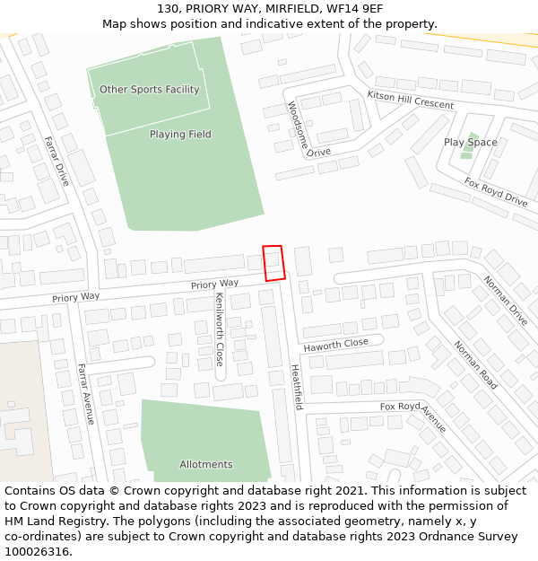 130, PRIORY WAY, MIRFIELD, WF14 9EF: Location map and indicative extent of plot