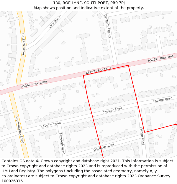 130, ROE LANE, SOUTHPORT, PR9 7PJ: Location map and indicative extent of plot