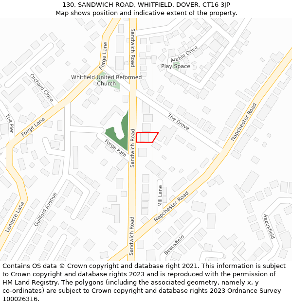 130, SANDWICH ROAD, WHITFIELD, DOVER, CT16 3JP: Location map and indicative extent of plot