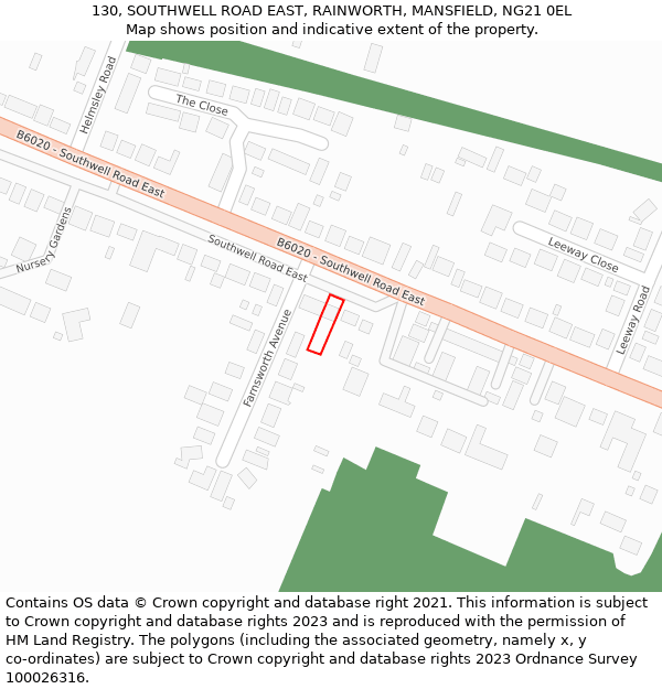 130, SOUTHWELL ROAD EAST, RAINWORTH, MANSFIELD, NG21 0EL: Location map and indicative extent of plot