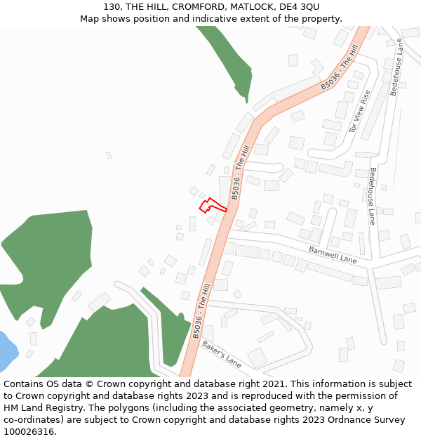 130, THE HILL, CROMFORD, MATLOCK, DE4 3QU: Location map and indicative extent of plot