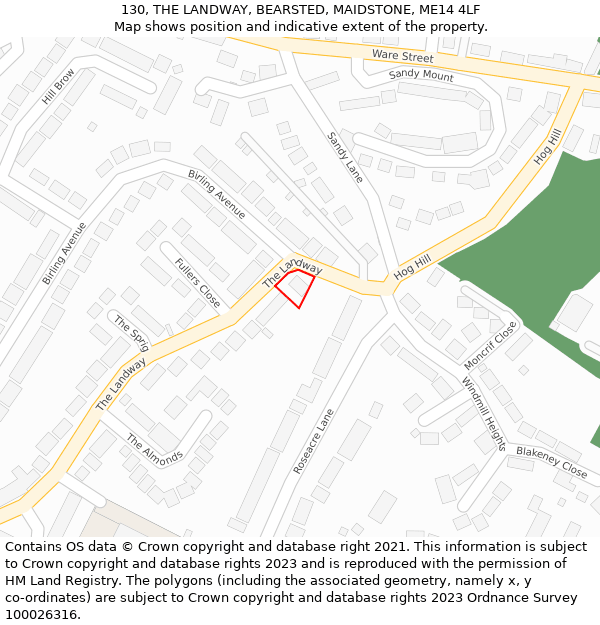 130, THE LANDWAY, BEARSTED, MAIDSTONE, ME14 4LF: Location map and indicative extent of plot