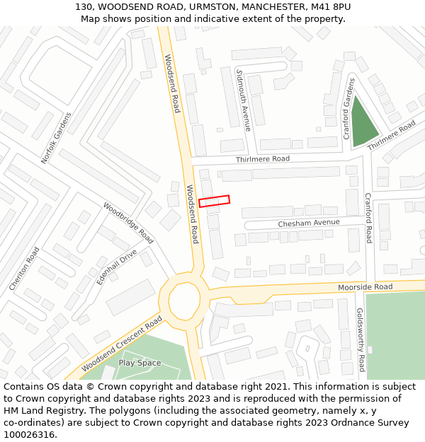 130, WOODSEND ROAD, URMSTON, MANCHESTER, M41 8PU: Location map and indicative extent of plot