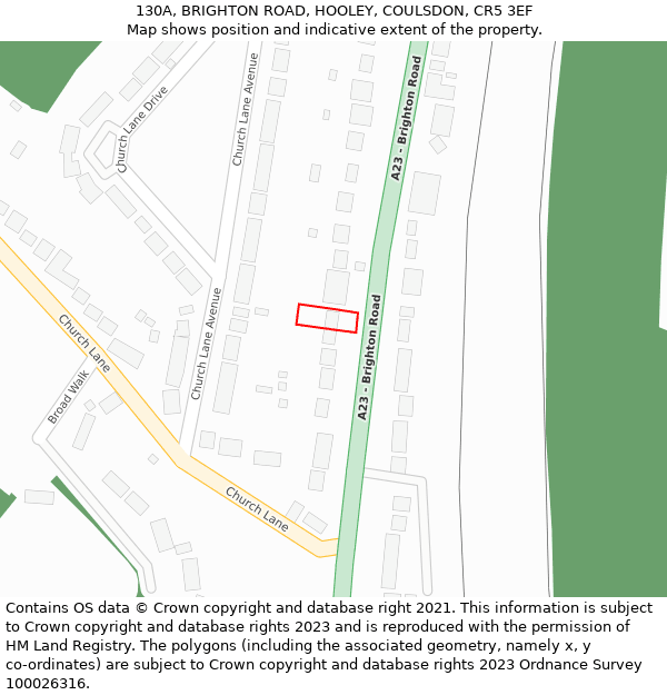 130A, BRIGHTON ROAD, HOOLEY, COULSDON, CR5 3EF: Location map and indicative extent of plot