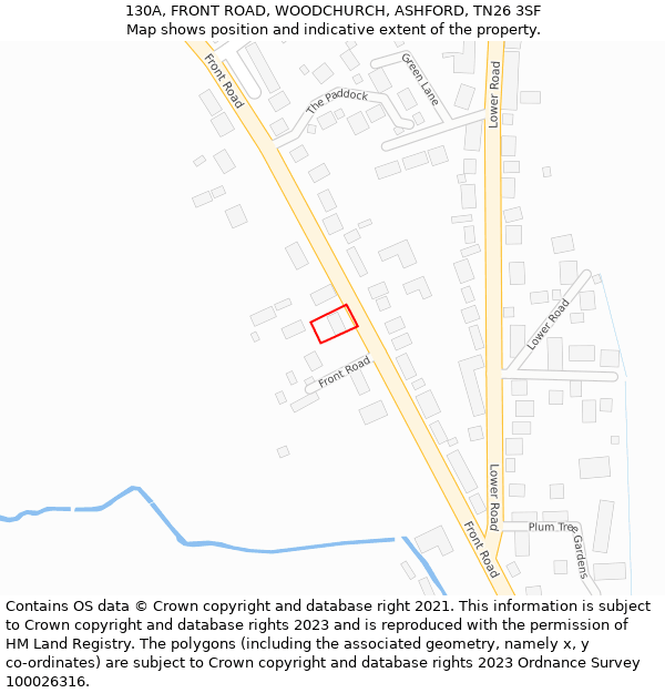 130A, FRONT ROAD, WOODCHURCH, ASHFORD, TN26 3SF: Location map and indicative extent of plot