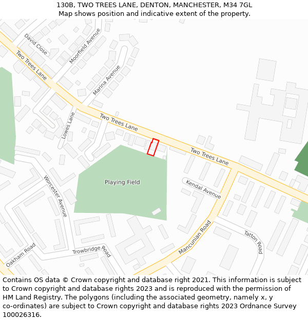 130B, TWO TREES LANE, DENTON, MANCHESTER, M34 7GL: Location map and indicative extent of plot