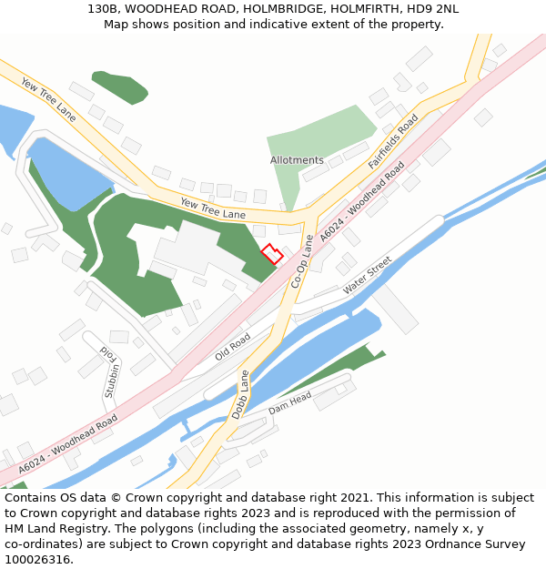 130B, WOODHEAD ROAD, HOLMBRIDGE, HOLMFIRTH, HD9 2NL: Location map and indicative extent of plot