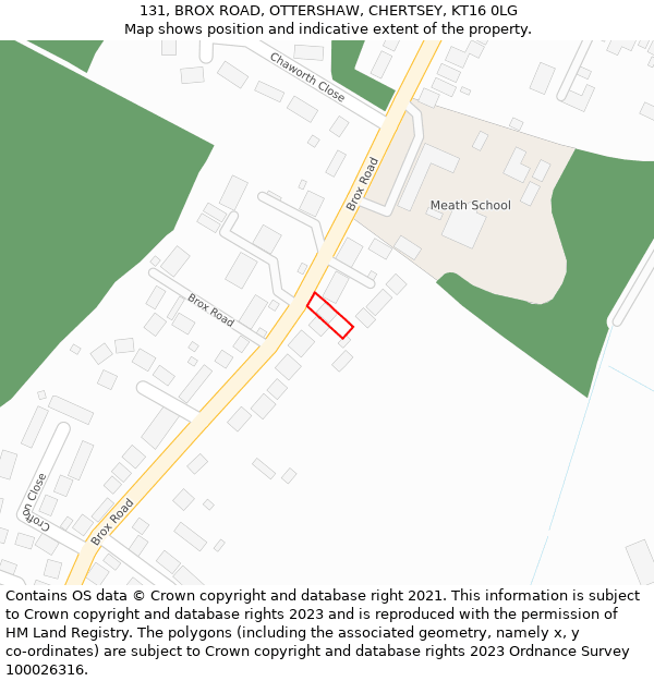 131, BROX ROAD, OTTERSHAW, CHERTSEY, KT16 0LG: Location map and indicative extent of plot