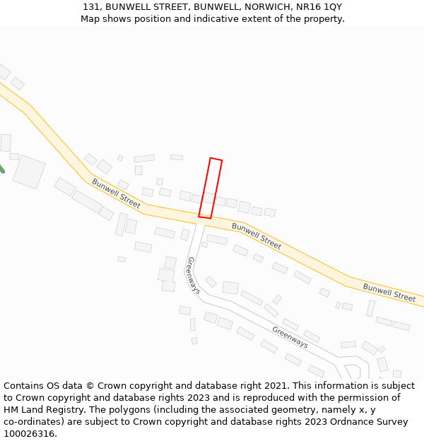 131, BUNWELL STREET, BUNWELL, NORWICH, NR16 1QY: Location map and indicative extent of plot