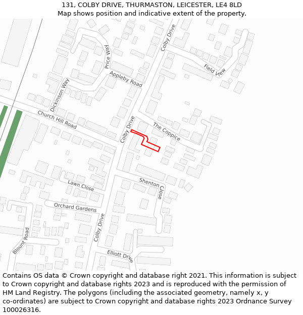 131, COLBY DRIVE, THURMASTON, LEICESTER, LE4 8LD: Location map and indicative extent of plot