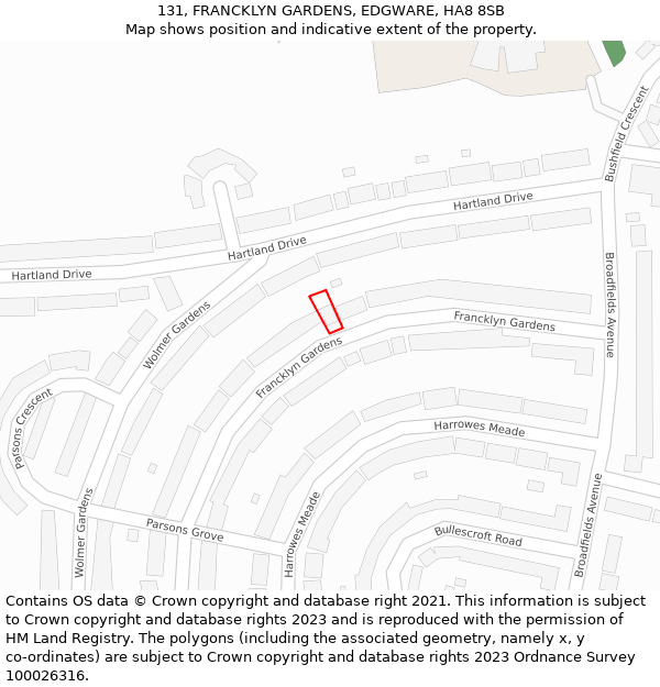 131, FRANCKLYN GARDENS, EDGWARE, HA8 8SB: Location map and indicative extent of plot