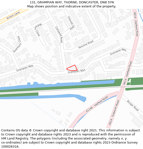 131, GRAMPIAN WAY, THORNE, DONCASTER, DN8 5YN: Location map and indicative extent of plot