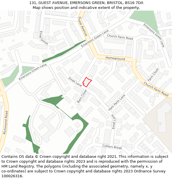 131, GUEST AVENUE, EMERSONS GREEN, BRISTOL, BS16 7DA: Location map and indicative extent of plot