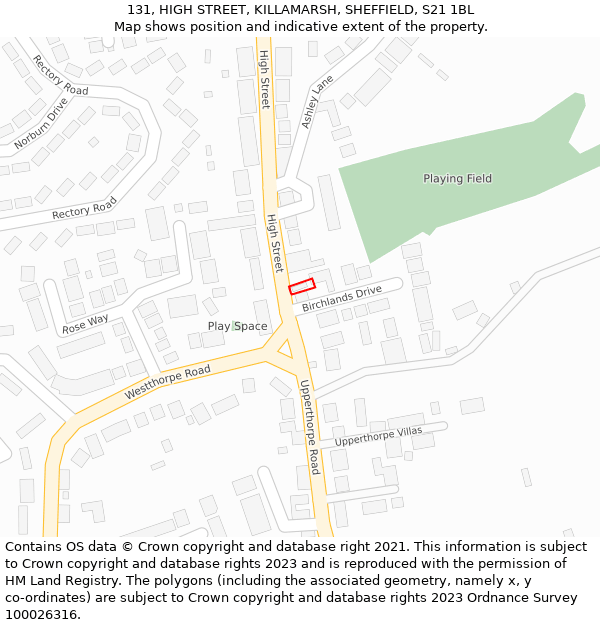 131, HIGH STREET, KILLAMARSH, SHEFFIELD, S21 1BL: Location map and indicative extent of plot