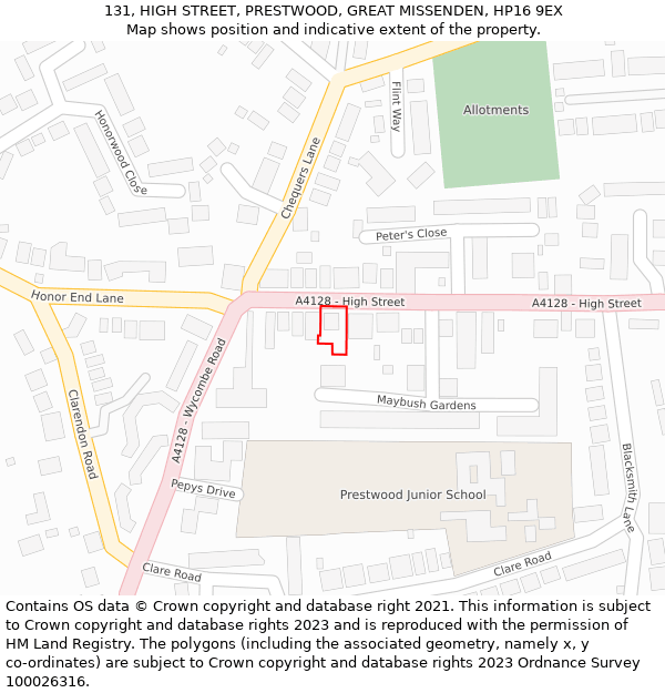 131, HIGH STREET, PRESTWOOD, GREAT MISSENDEN, HP16 9EX: Location map and indicative extent of plot