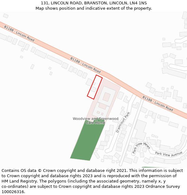 131, LINCOLN ROAD, BRANSTON, LINCOLN, LN4 1NS: Location map and indicative extent of plot