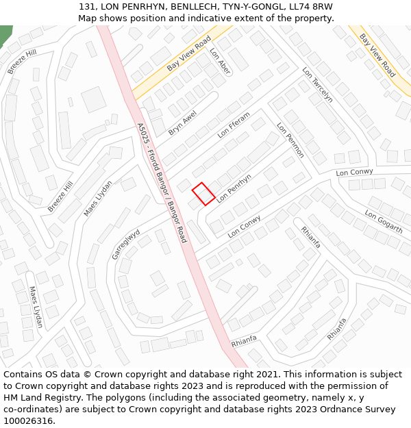 131, LON PENRHYN, BENLLECH, TYN-Y-GONGL, LL74 8RW: Location map and indicative extent of plot