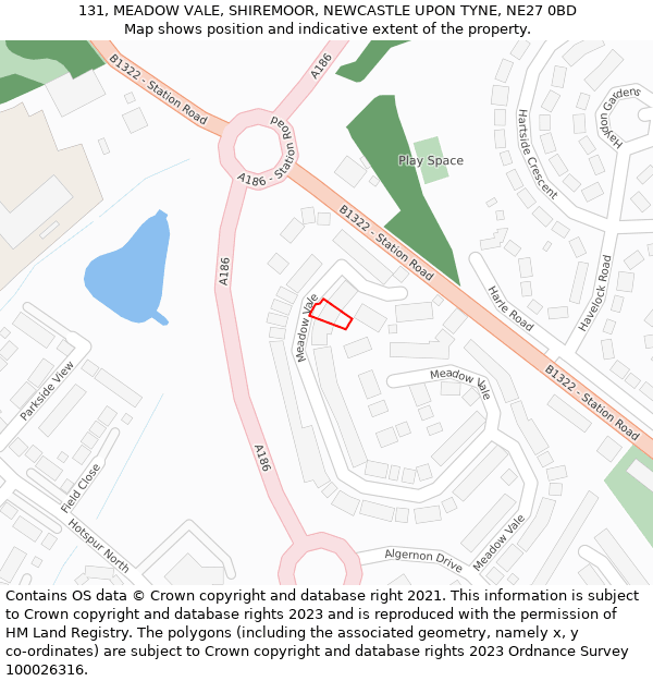 131, MEADOW VALE, SHIREMOOR, NEWCASTLE UPON TYNE, NE27 0BD: Location map and indicative extent of plot