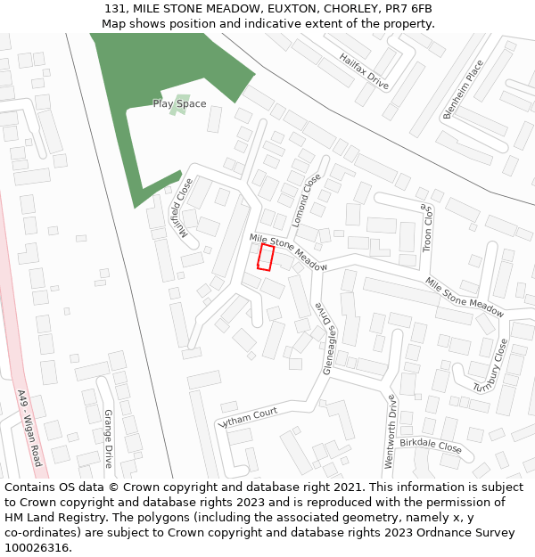 131, MILE STONE MEADOW, EUXTON, CHORLEY, PR7 6FB: Location map and indicative extent of plot