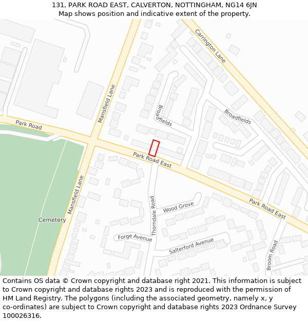 131, PARK ROAD EAST, CALVERTON, NOTTINGHAM, NG14 6JN: Location map and indicative extent of plot
