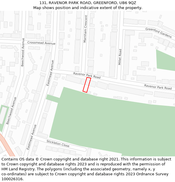 131, RAVENOR PARK ROAD, GREENFORD, UB6 9QZ: Location map and indicative extent of plot