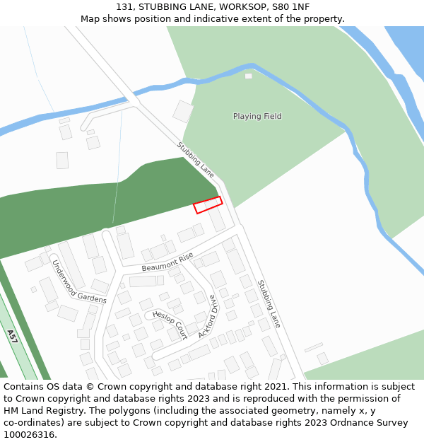 131, STUBBING LANE, WORKSOP, S80 1NF: Location map and indicative extent of plot