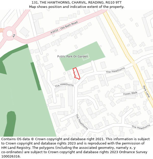 131, THE HAWTHORNS, CHARVIL, READING, RG10 9TT: Location map and indicative extent of plot