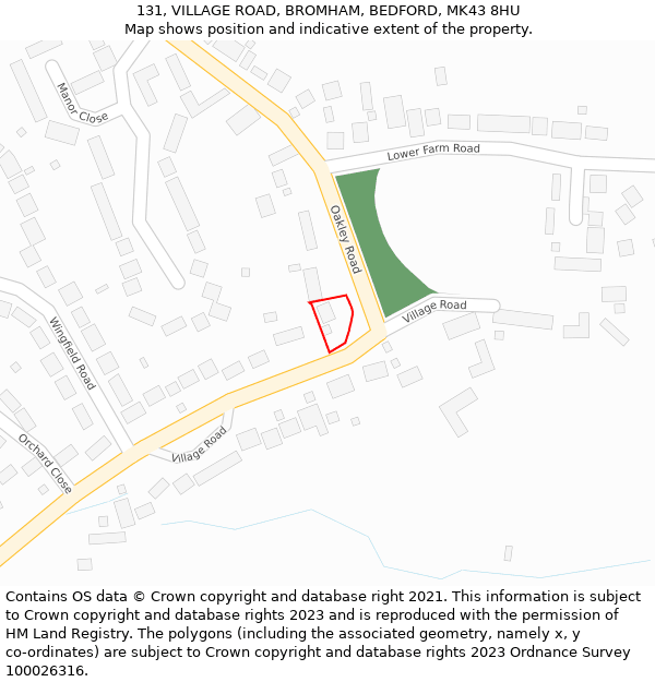 131, VILLAGE ROAD, BROMHAM, BEDFORD, MK43 8HU: Location map and indicative extent of plot