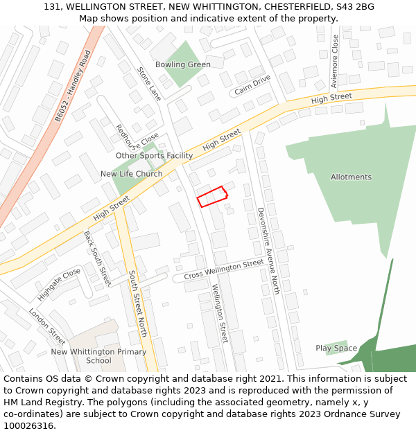 131, WELLINGTON STREET, NEW WHITTINGTON, CHESTERFIELD, S43 2BG: Location map and indicative extent of plot