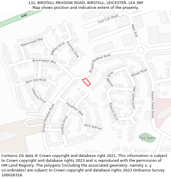 132, BIRSTALL MEADOW ROAD, BIRSTALL, LEICESTER, LE4 3NF: Location map and indicative extent of plot