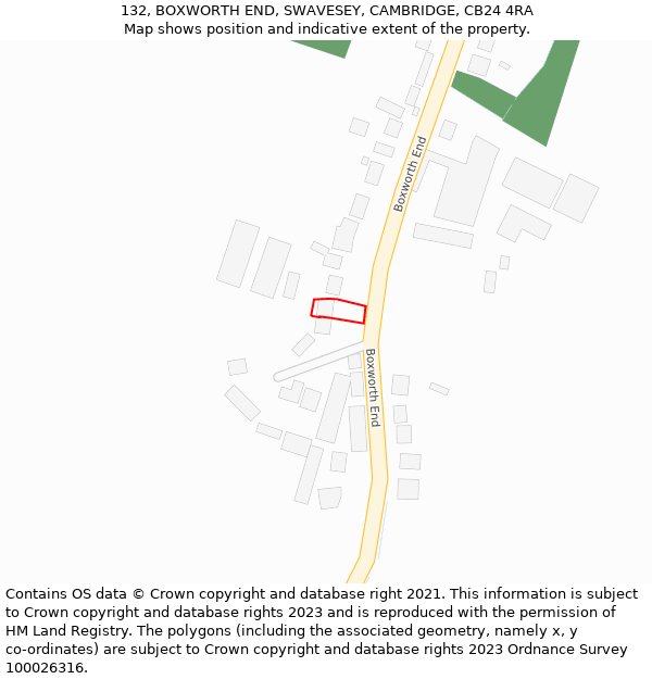 132, BOXWORTH END, SWAVESEY, CAMBRIDGE, CB24 4RA: Location map and indicative extent of plot