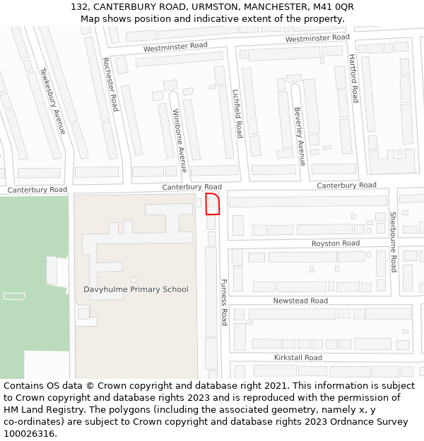 132, CANTERBURY ROAD, URMSTON, MANCHESTER, M41 0QR: Location map and indicative extent of plot