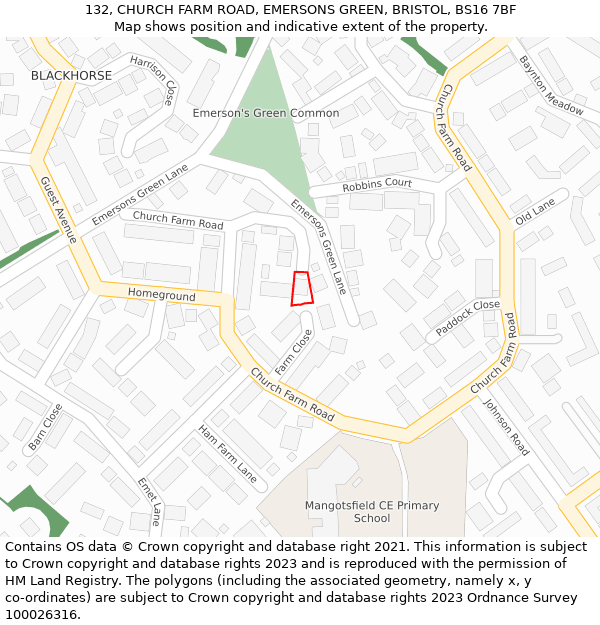 132, CHURCH FARM ROAD, EMERSONS GREEN, BRISTOL, BS16 7BF: Location map and indicative extent of plot