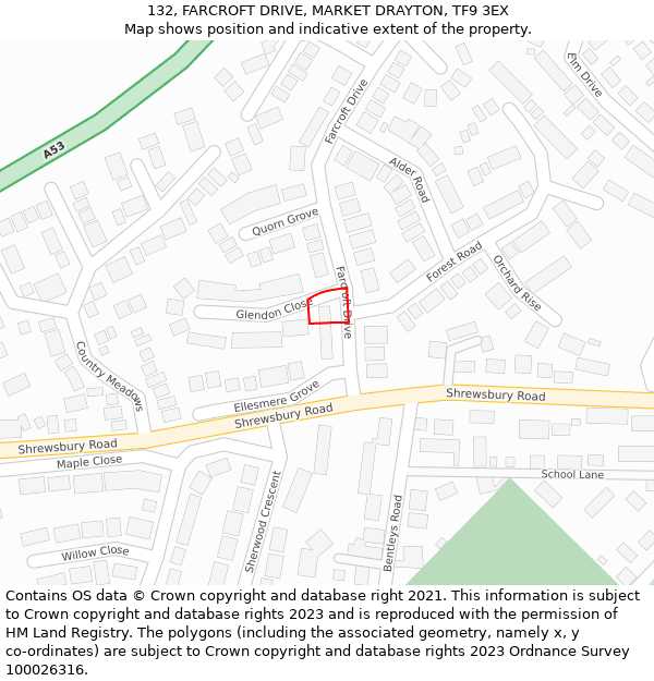 132, FARCROFT DRIVE, MARKET DRAYTON, TF9 3EX: Location map and indicative extent of plot